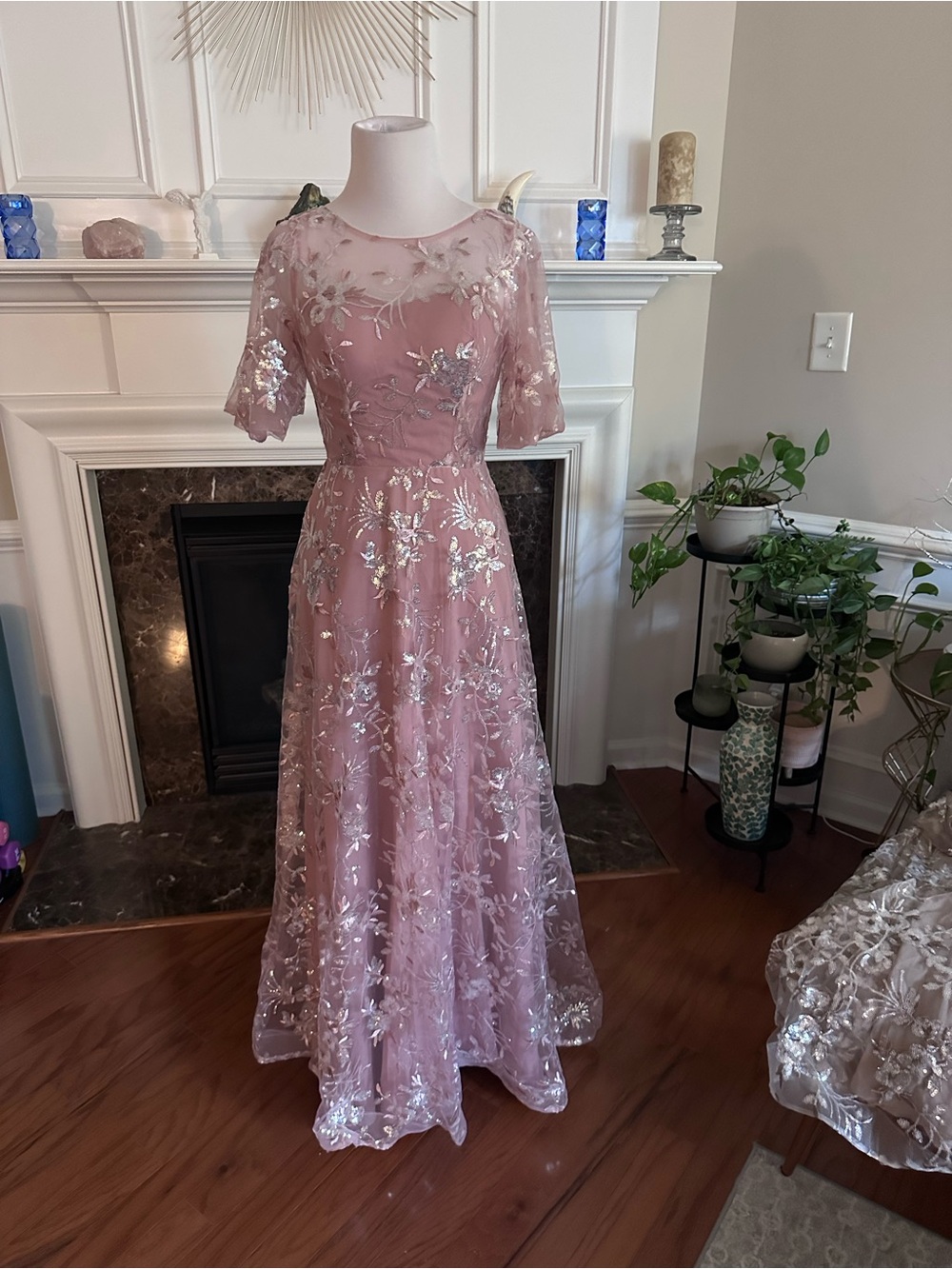 Embellished Pink Mauve with Silvery Floral A-Line Evening Dress sz2